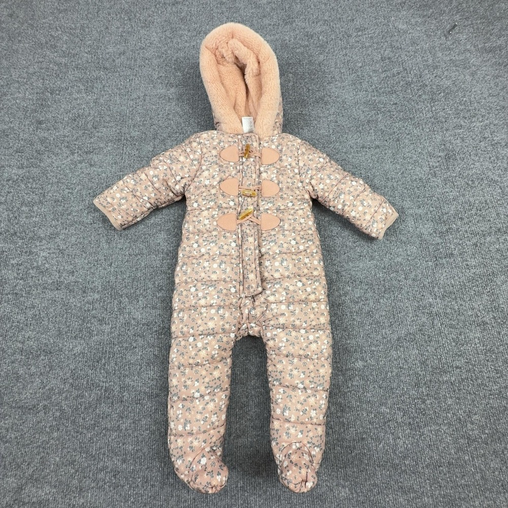 Nicole Miller Snowsuit Girls 6-9 Months Pink Floral Quilted Hooded Lined Winter
